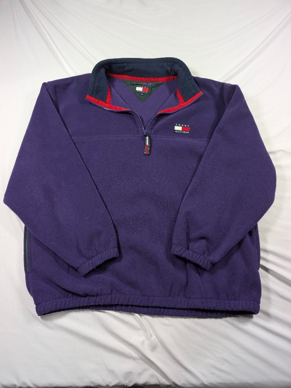 Vintage 90s Tommy Hilfiger Fleece Quarter Zip Pullover Purple Green Mens Large
